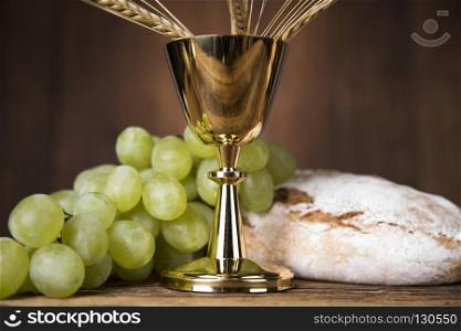 Sacrament of communion, Eucharist symbol . Eucharist symbol of bread and wine, chalice and host, First communion background