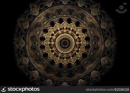 sacred geometry mandala with intricate patterns and shapes on black background, created with generative ai. sacred geometry mandala with intricate patterns and shapes on black background