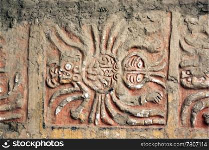 Sacred spider on the wa;; in ruins Huaca de la Luna, north Peru