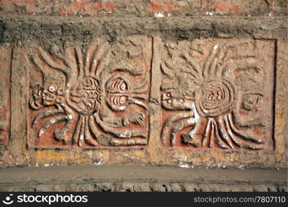 Sacred spiders on the wall in Huaca de la Luna, north Peru