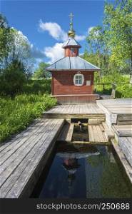 Sacred spring in honor of the Tikhvin Icon of the Mother of God, Tverdislevo village, Soligalichsky district, Kostroma region, Russia.