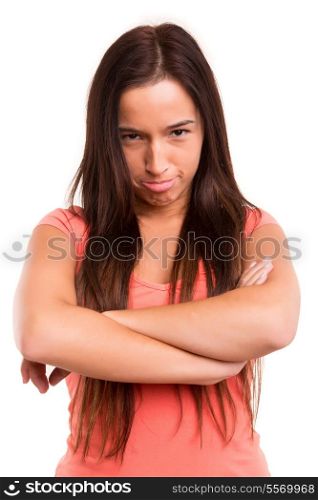Sad asian woman posing over a white background