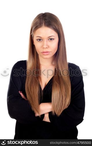 Sad attractive young woman isolated on a white background