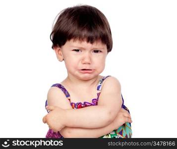 Sad baby girl crying isolated on a over white background