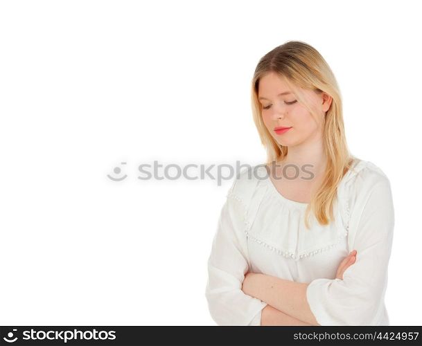 Sad blonde woman isolated on a white background