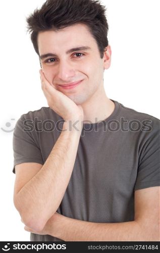 sad depressed young man crying, conceptual picture regarding emotional, financial or violence problems (isolated on white)