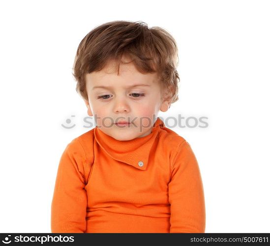 Sad funny baby with orange jersey isolated on a white background