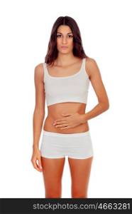 Sad girl in white underwear with her hands on her belly isolated