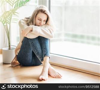 Sad girl near window thinking about something.  Stressed lady feel lonely
