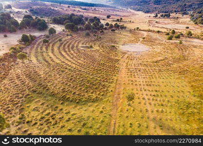 Sad Hill Cemetery in Burgos Spain. Tourist site, film location where the last sequence of the western film The Good, the Bad and the Ugly was filmed. Aerial view. Sad Hill Cemetery in Spain. Tourist place