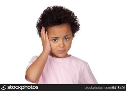 Sad latin child with headache isolated on white background