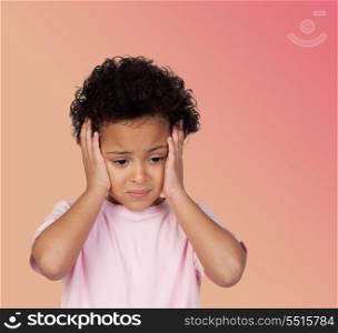 Sad latin child with headache isolated on white background