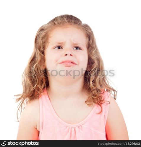 Sad little girl crying isolated on a white background