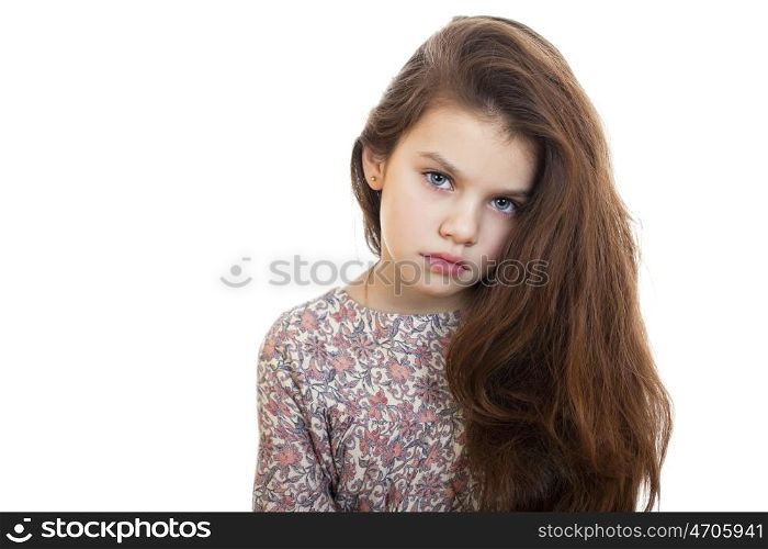 Sad little girl, isolated on white background