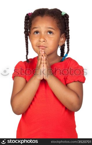 Sad little girl praying for something isolated on a over white