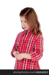 Sad little girl with red plaid shirt isolated on a white background