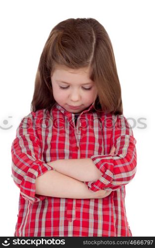 Sad little girl with red plaid shirt isolated on a white background