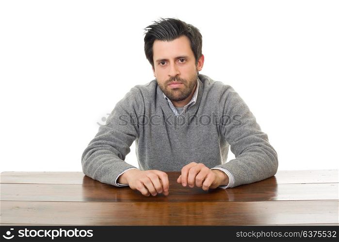 sad man on a desk, isolated