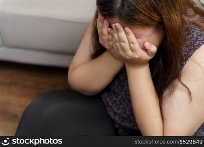 Sad Overweight plus size woman thinking about problems on sofa upset girl feeling lonely and sad from bad relationship or Depressed woman disorder mental health.