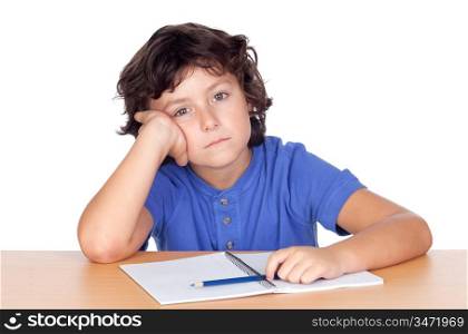 Sad small student isolated on a over white background