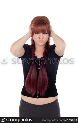 Sad teenage girl dressed in black with a piercing isolated on white background