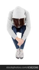 Sad teenager girl with gray sweatshirt hooded isolated on white background