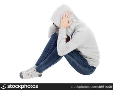 Sad teenager girl with gray sweatshirt hooded isolated on white background