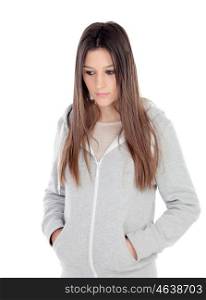 Sad teenager girl with gray sweatshirt isolated on white background