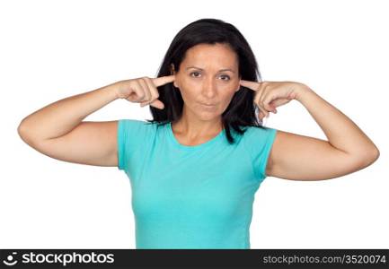 Sad woman covering her ears isolated on white background