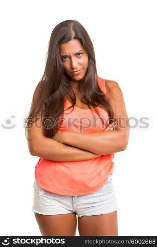 Sad woman posing over a white background