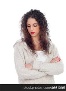 Sad woman with curly hair isolated on a white background