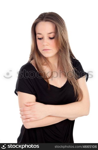 Sad young woman isolated on a white background