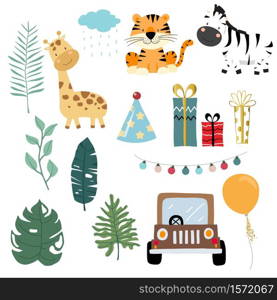 Safari object collection with giraffe, zebra,tiger,car,gift.Vector illustration for icon,logo,sticker,printable,postcard and invitation