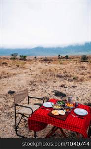 Safari outdoor picnic with African Tanzanian cuisine with baked Chapati nan flatbread on red table - African lunch meal for safari trip