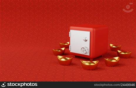Safe box with Chinese gold ingot and Chinese culture pattern background. Chinese new year and Money savings security concept. 3D illustration rendering