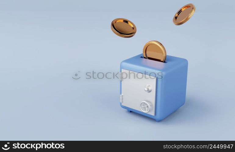 Safe box with dropping and collecting golden coins on blue background. Financial economic and money savings security concept. 3D illustration concept.