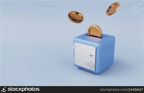 Safe box with dropping and collecting golden coins on blue background. Financial economic and money savings security concept. 3D illustration concept.