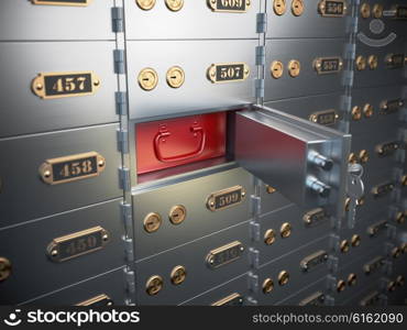 Safe deposit boxes with open one safe cell. 3d illustration
