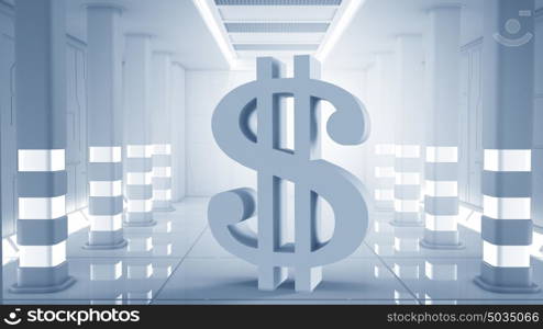 Safe deposit future design. Futuristic designed elegant interior with big dollar sign