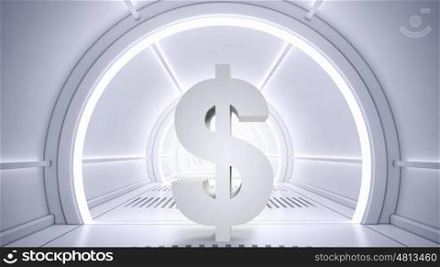 Safe deposit future design. Virtual white interior with dollar currency symbol
