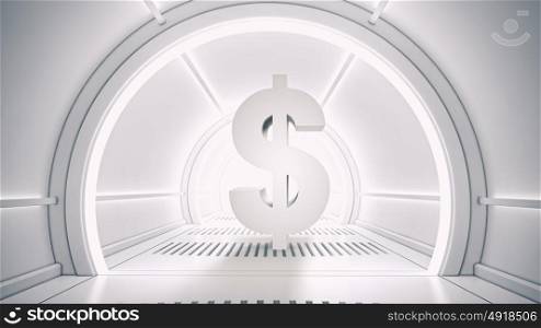 Safe deposit future design. Virtual white interior with dollar currency symbol