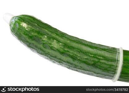 Safe sex concept. Cucumber in a condom isolated on white background.