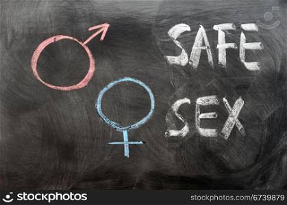 Safe sex concept with gender symbols written on a blackboard