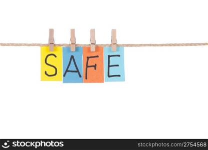 Safe, Wooden peg and colorful words series on rope
