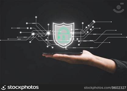 Safeguard personal and business information on smartphones with a cybersecurity concept. Business people prioritize data security using encryption and key icons on virtual interface shields.