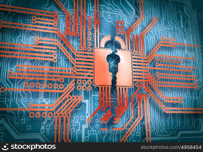 Safety concept. Conceptual digital image of lock on circuit background