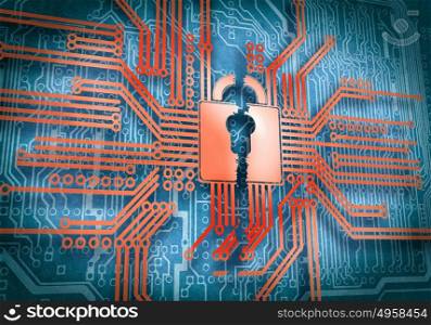 Safety concept. Conceptual digital image of lock on circuit background