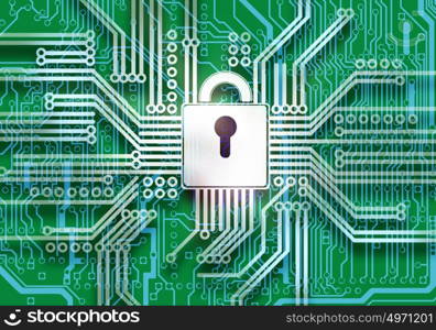 Safety concept. Conceptual digital image of lock on circuit background