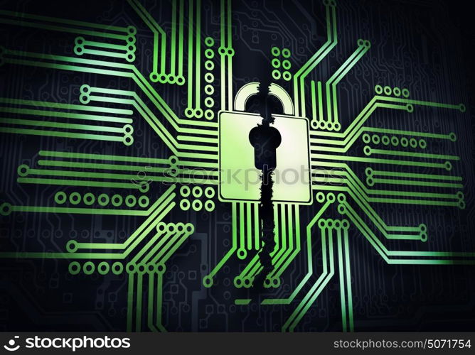 Safety concept. Conceptual digital image of lock on circuit background