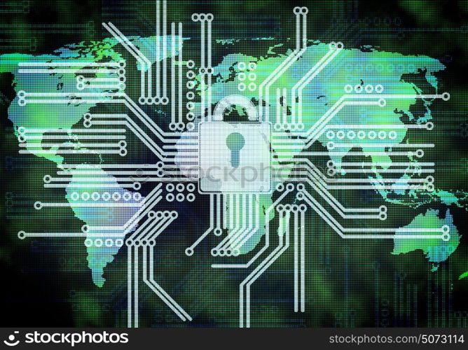 Safety concept. Conceptual digital image of lock on circuit background